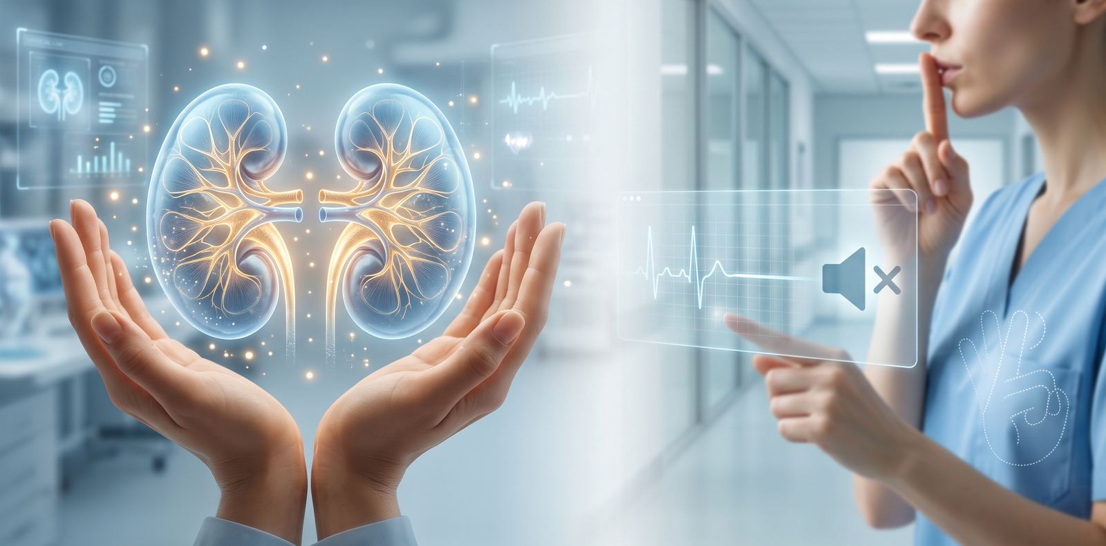 Rins em destaque com mãos protegendo órgãos vitais - Doença Renal Crônica