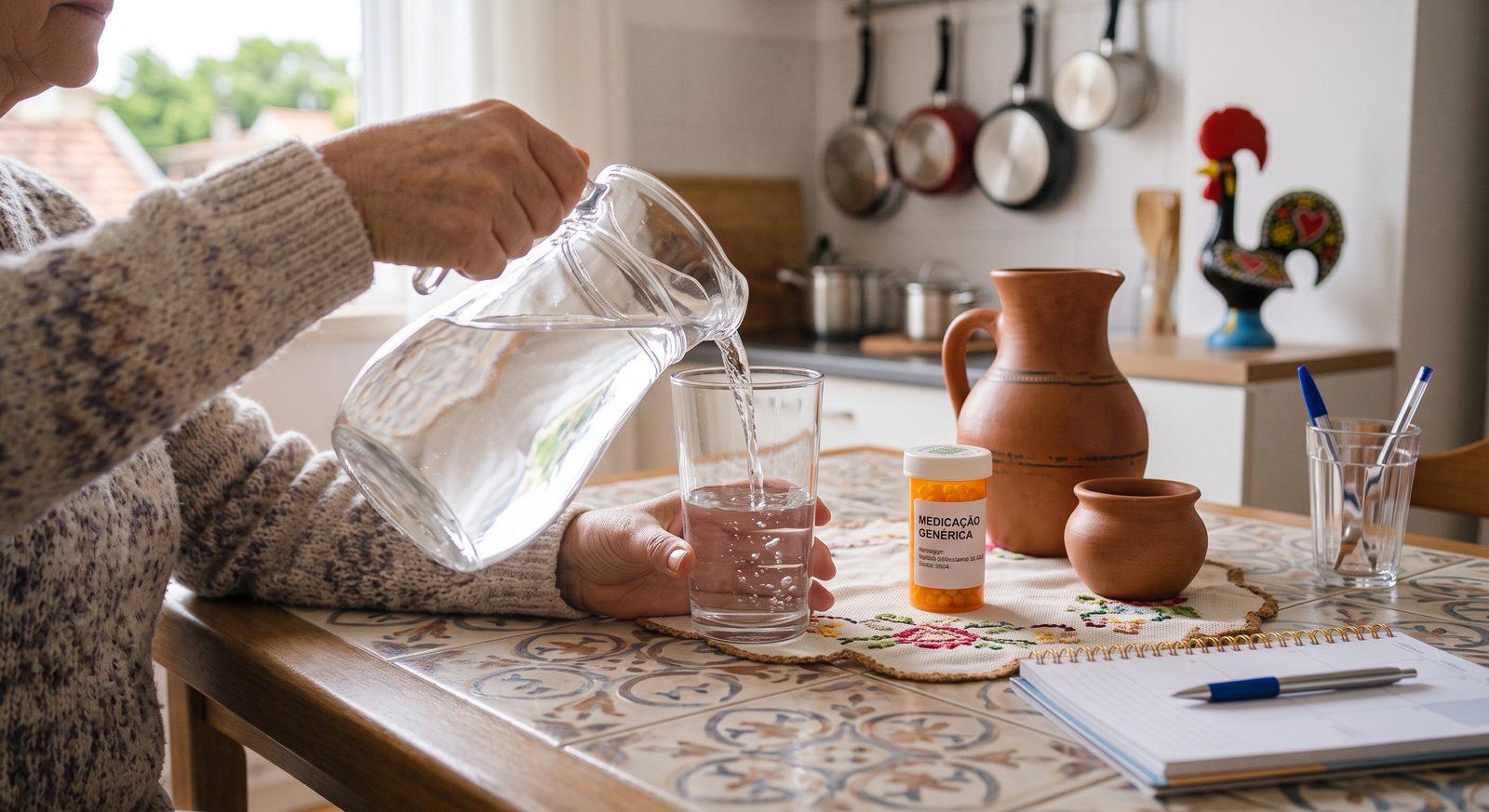 Mão servindo um copo de água em cozinha, com pote de medicação ao lado