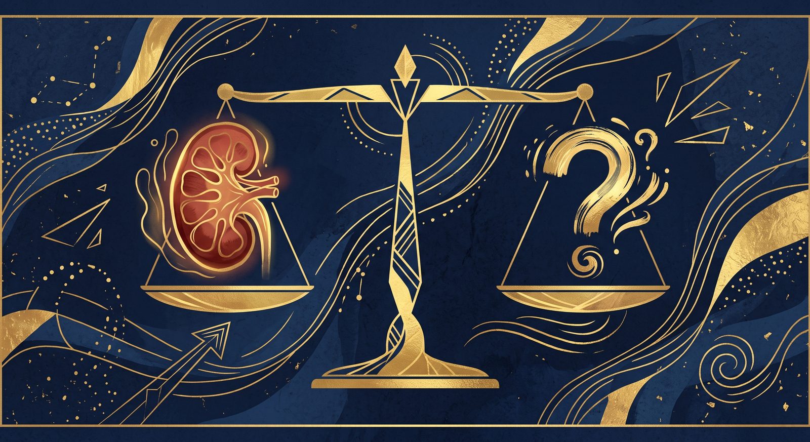 Ilustração de uma balança equilibrando um rim de um lado e um ponto de interrogação do outro, representando mito e verdade sobre Ozempic e os rins