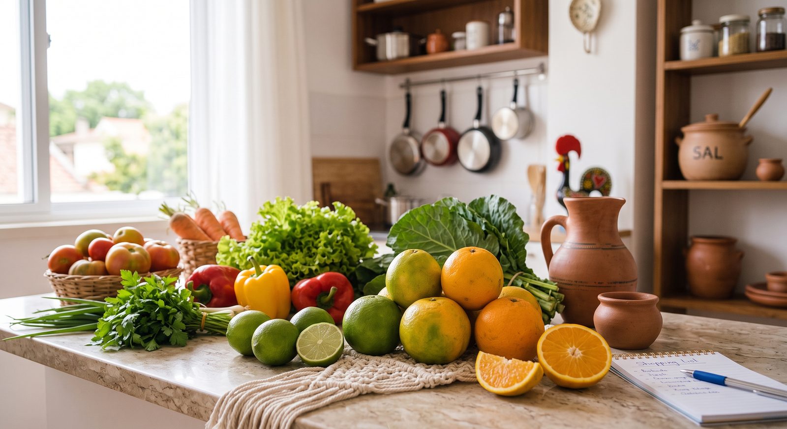 Bancada de cozinha com frutas cítricas, verduras e legumes in natura, luz natural