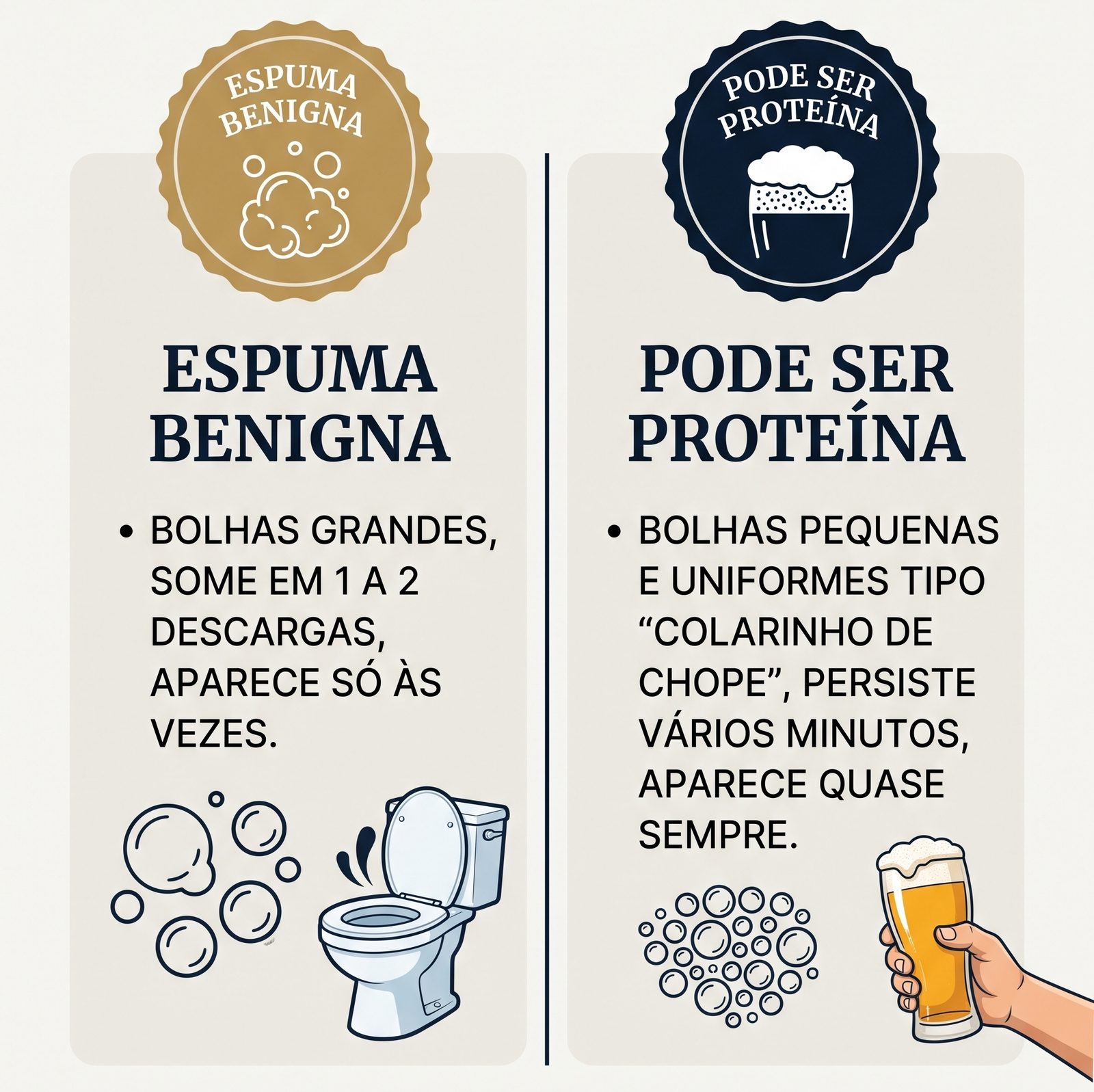 Infográfico comparando espuma benigna, com bolhas grandes que somem em uma ou duas descargas, com espuma que pode ser proteína, com bolhas pequenas e uniformes tipo colarinho de chope que persistem por vários minutos