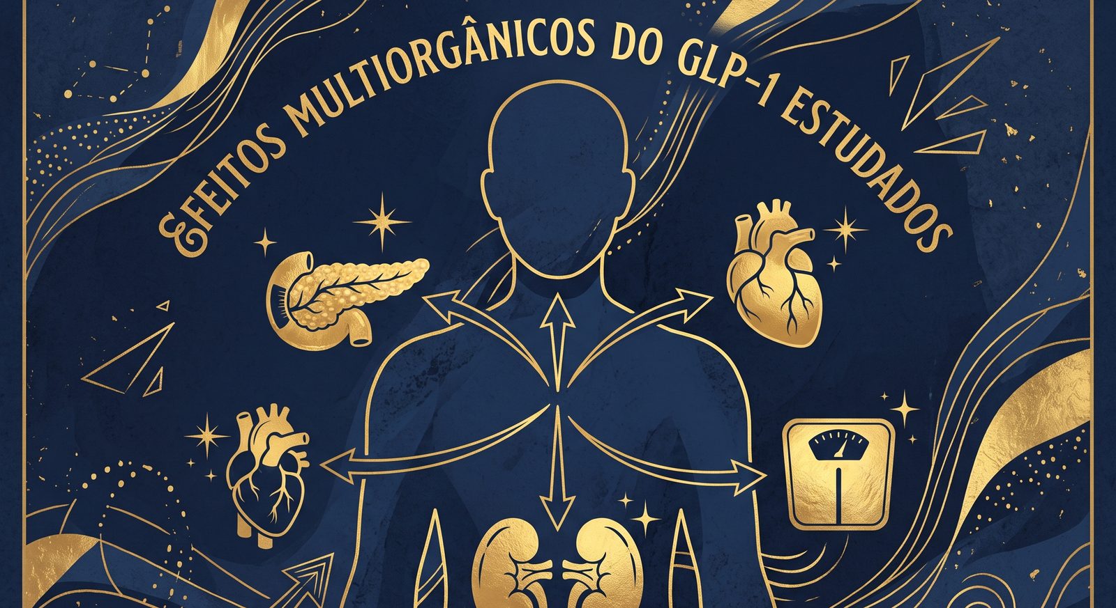 Infográfico mostrando os órgãos onde os efeitos do GLP-1 foram estudados: pâncreas, coração, rins e peso corporal