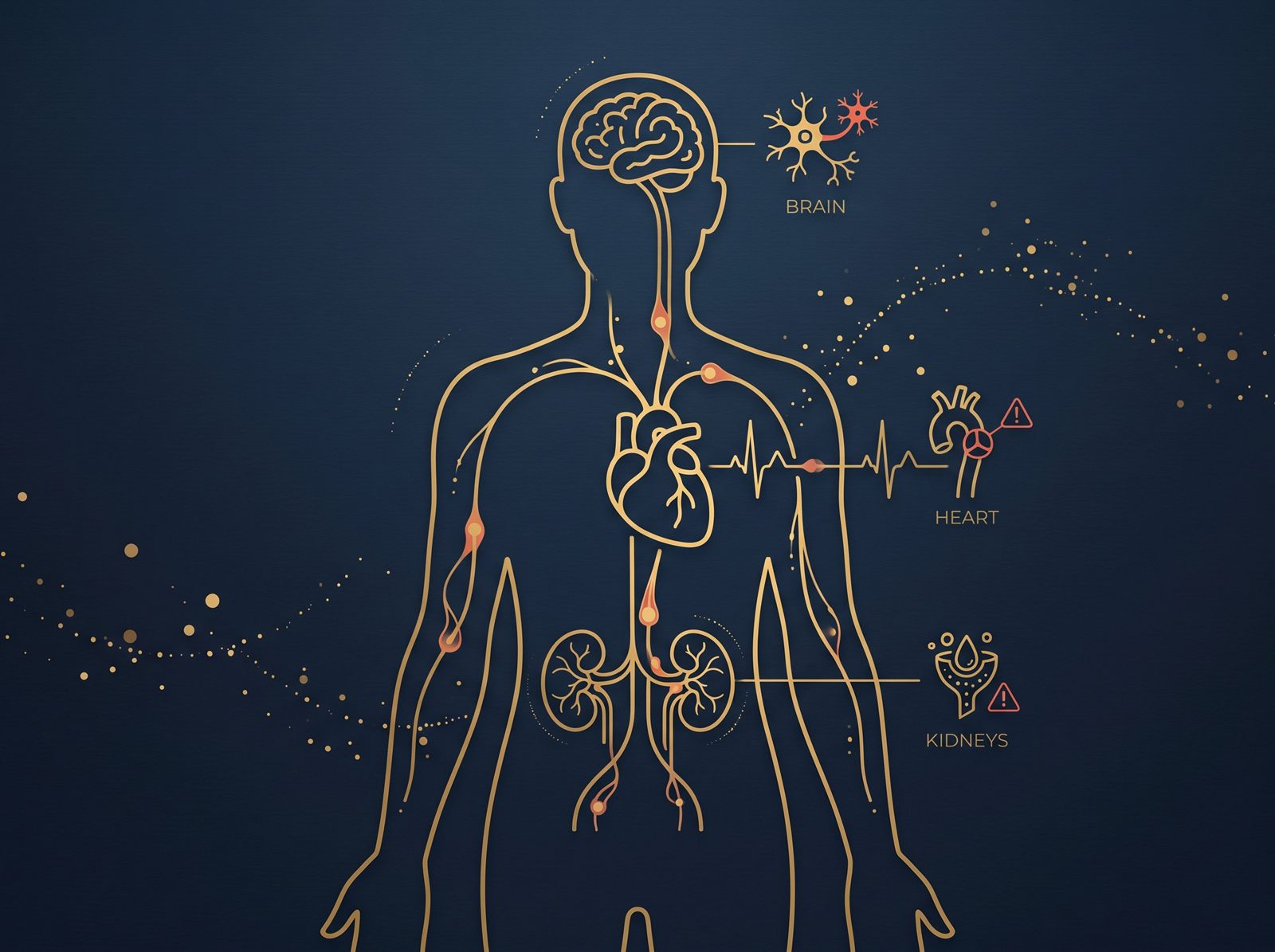 Ilustração em navy e dourado de uma silhueta humana com cérebro, coração e rins em destaque, conectados por linhas que representam a circulação sanguínea, cada órgão com um ícone de alerta