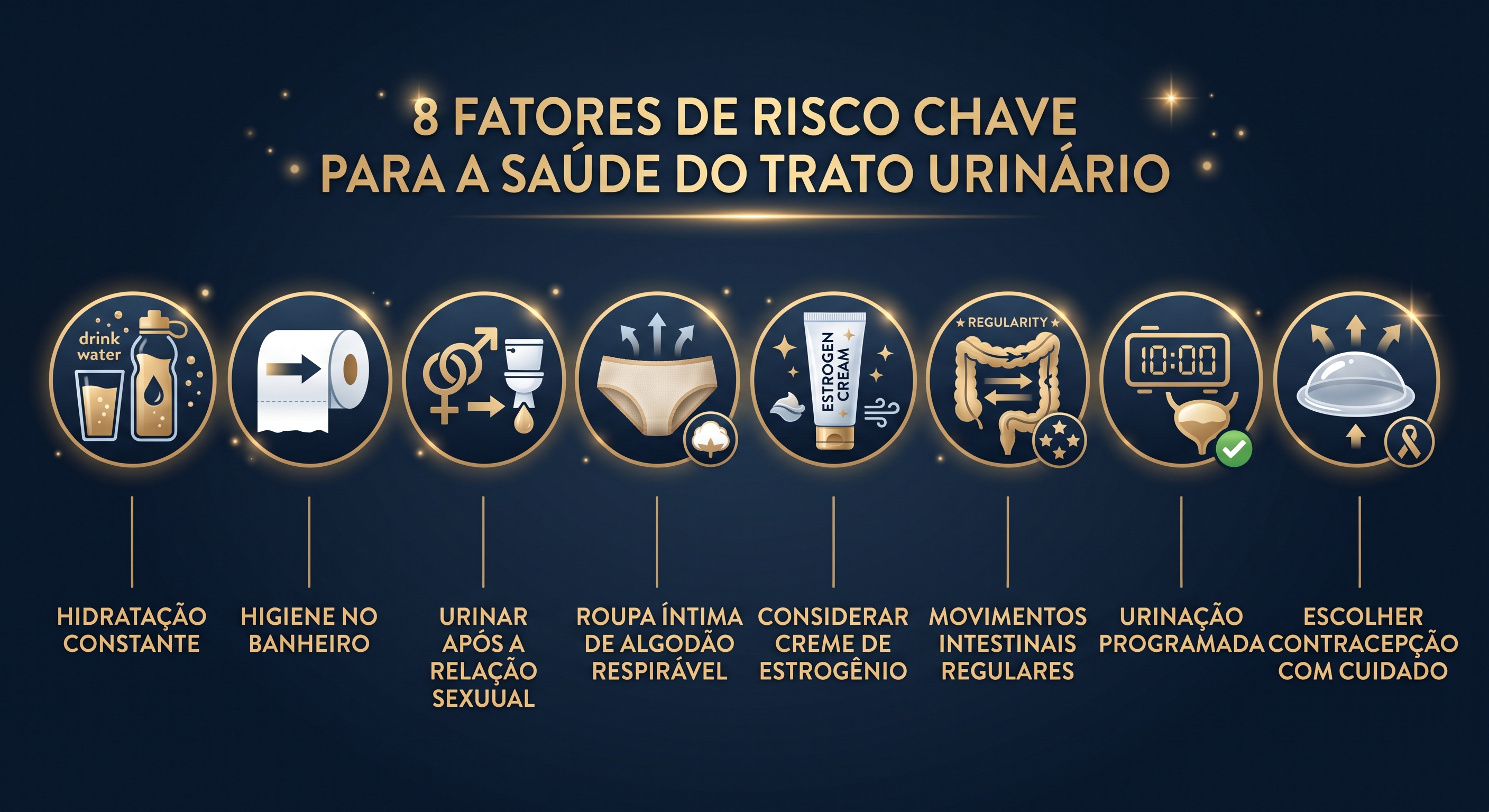 Infográfico ilustrando os 8 fatores de risco modificáveis para infecção urinária de repetição: hidratação, higiene, micção pós-coito, roupas de algodão, estrogênio, intestino, retenção e métodos contraceptivos