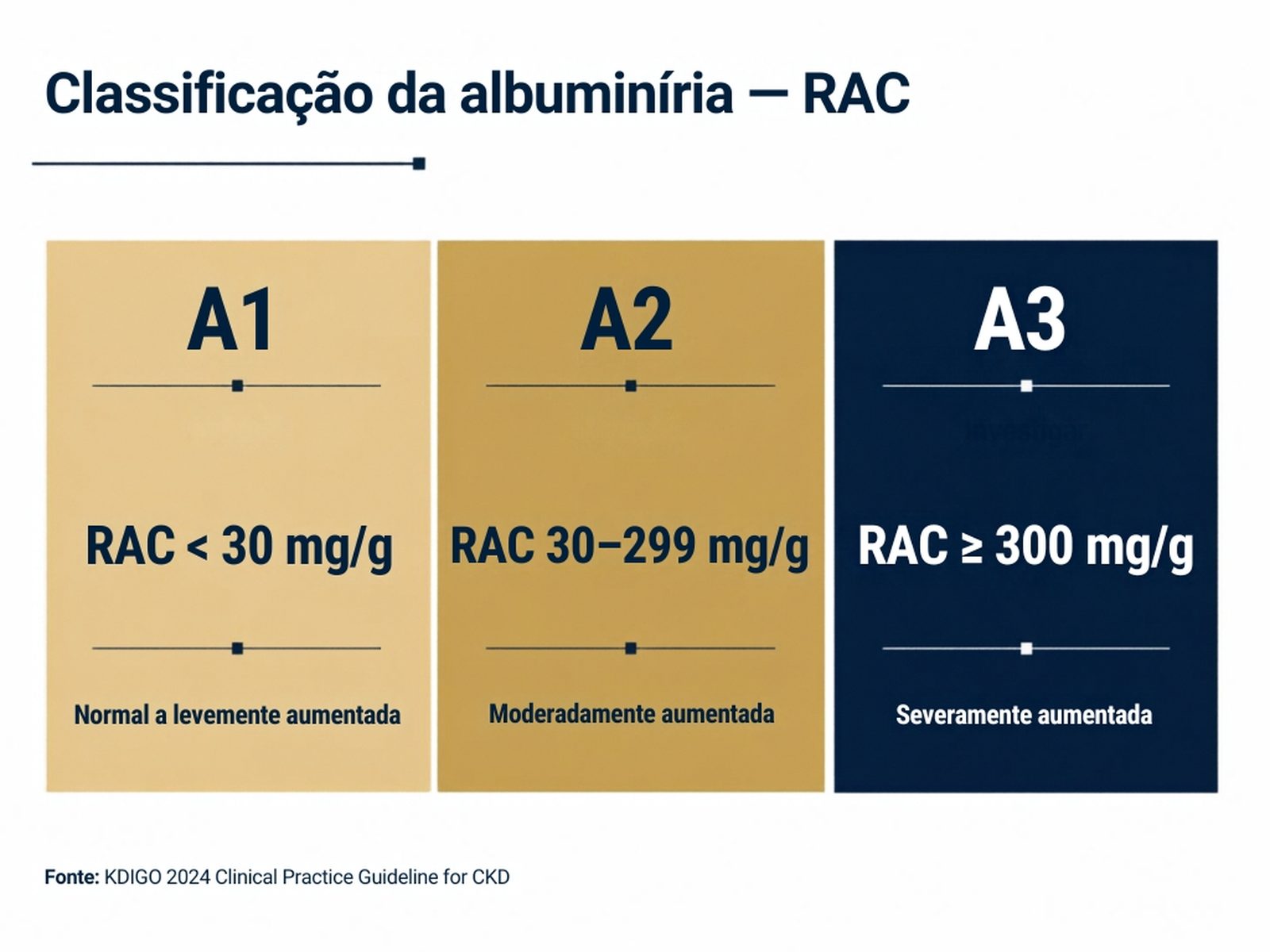 Gráfico mostrando as três categorias de albuminúria da KDIGO 2024: A1 com RAC menor que 30 mg/g, A2 com RAC entre 30 e 300 mg/g, e A3 com RAC maior ou igual a 300 mg/g