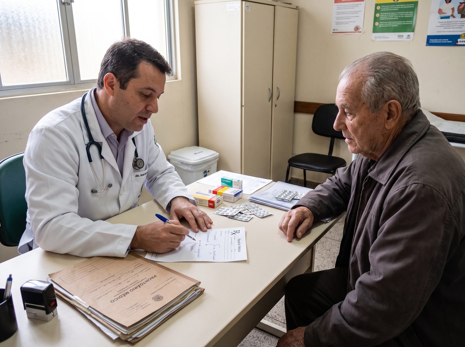 Médico escrevendo uma receita enquanto um paciente idoso escuta, durante a consulta, com caixas e cartelas de remédios sobre a mesa