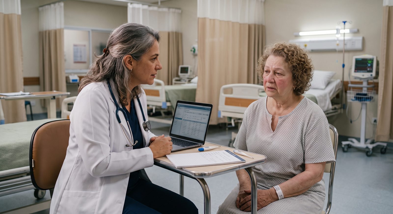 Médica conversando com paciente internada em quarto hospitalar