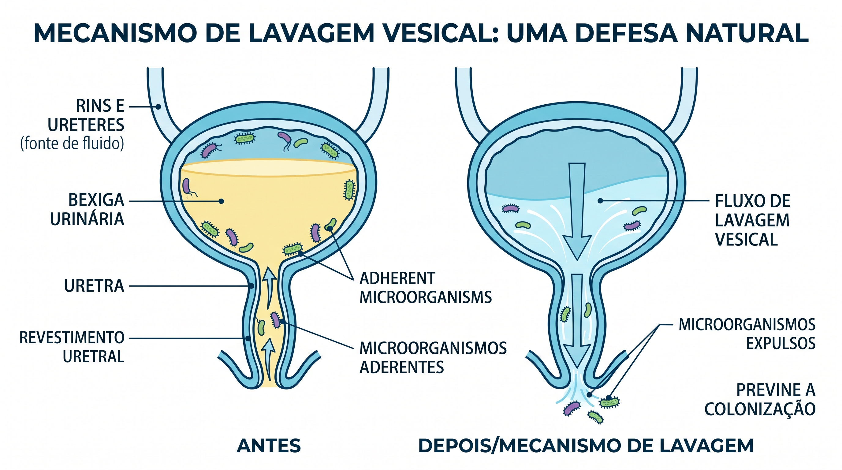 Diagrama médico ilustrando o mecanismo de lavagem mecânica da urina expelindo micro-organismos do trato uretral