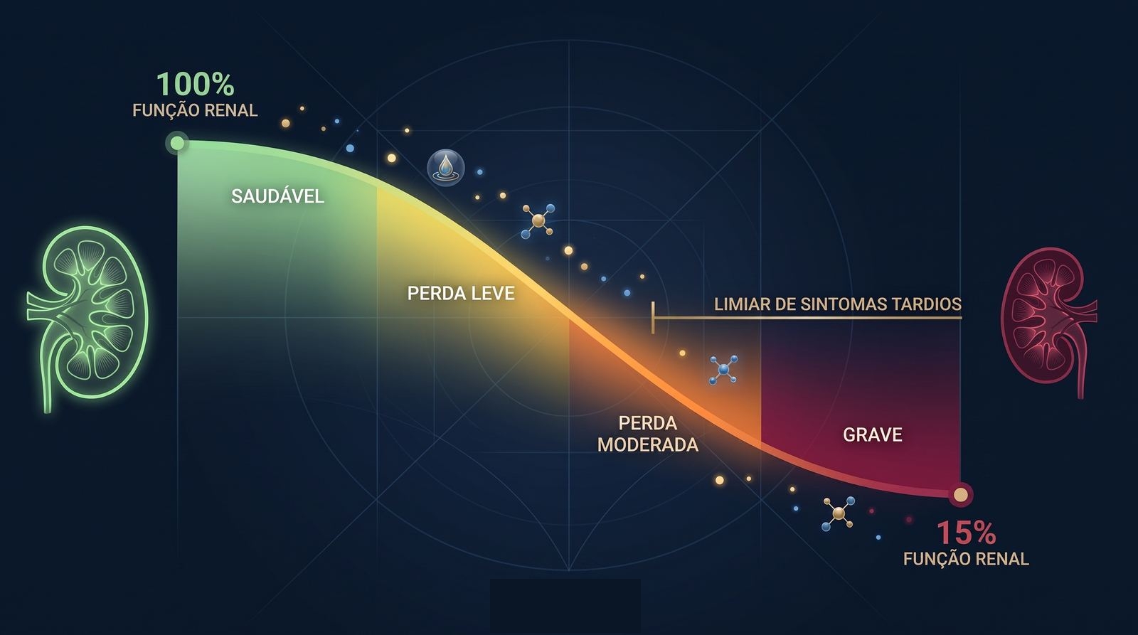 Timeline visual mostrando a perda gradual de função renal de 100% até 15%, com linha de detecção de sintomas bem abaixo, ilustrando por que a DRC é silenciosa