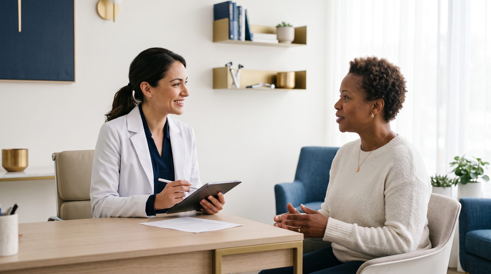 Médica conversando com paciente durante consulta, ambas sentadas à mesa em consultório claro