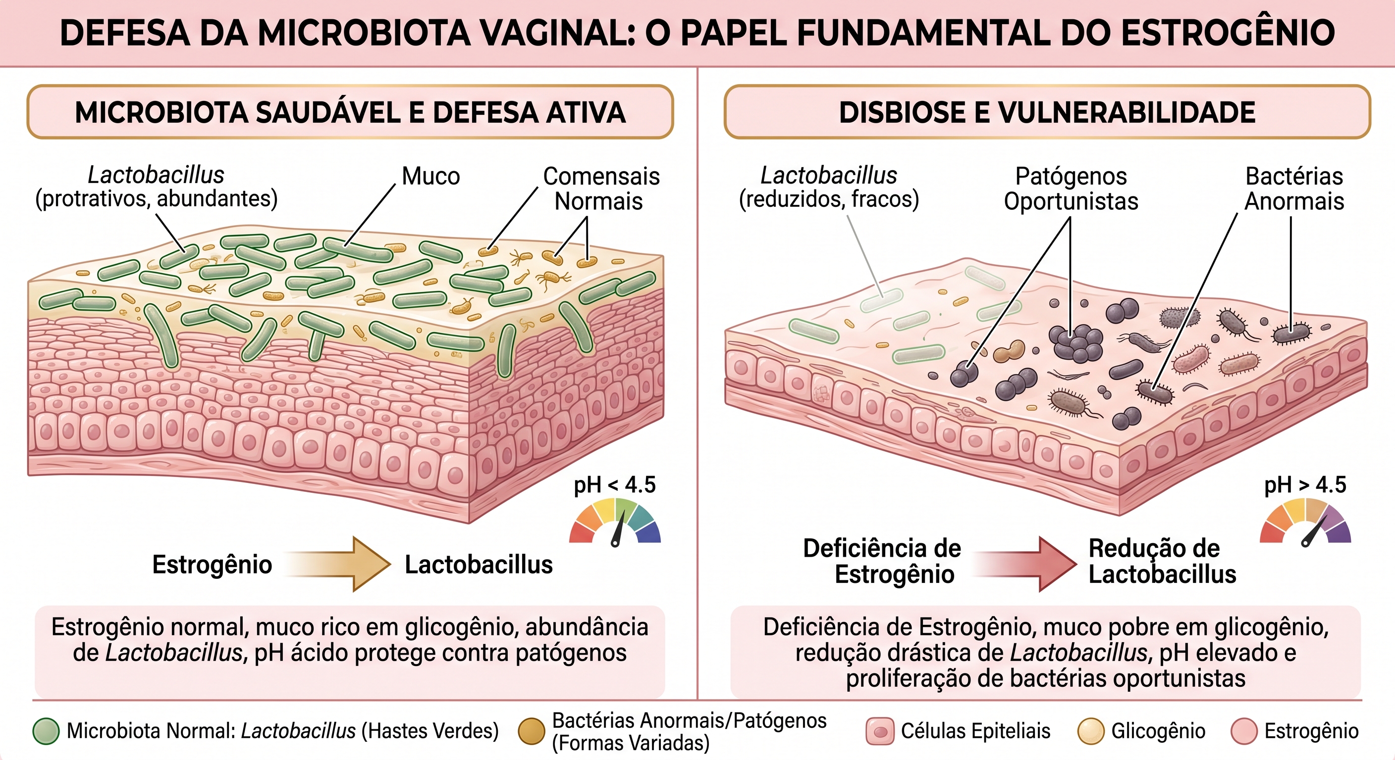 Ilustração médica comparativa em dois painéis mostrando a flora vaginal saudável com lactobacilos vs mucosa pós-menopausa sem estrogênio
