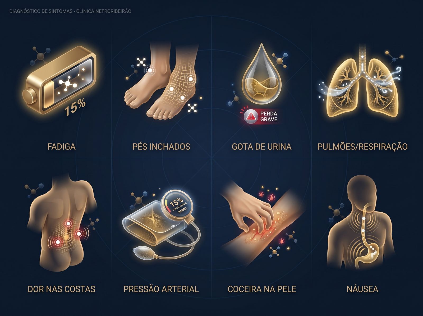 Infográfico mostrando os 8 sintomas principais da DRC: fadiga, pés inchados, mudança na urina, falta de ar, dor nas costas, pressão alta, coceira na pele e náusea