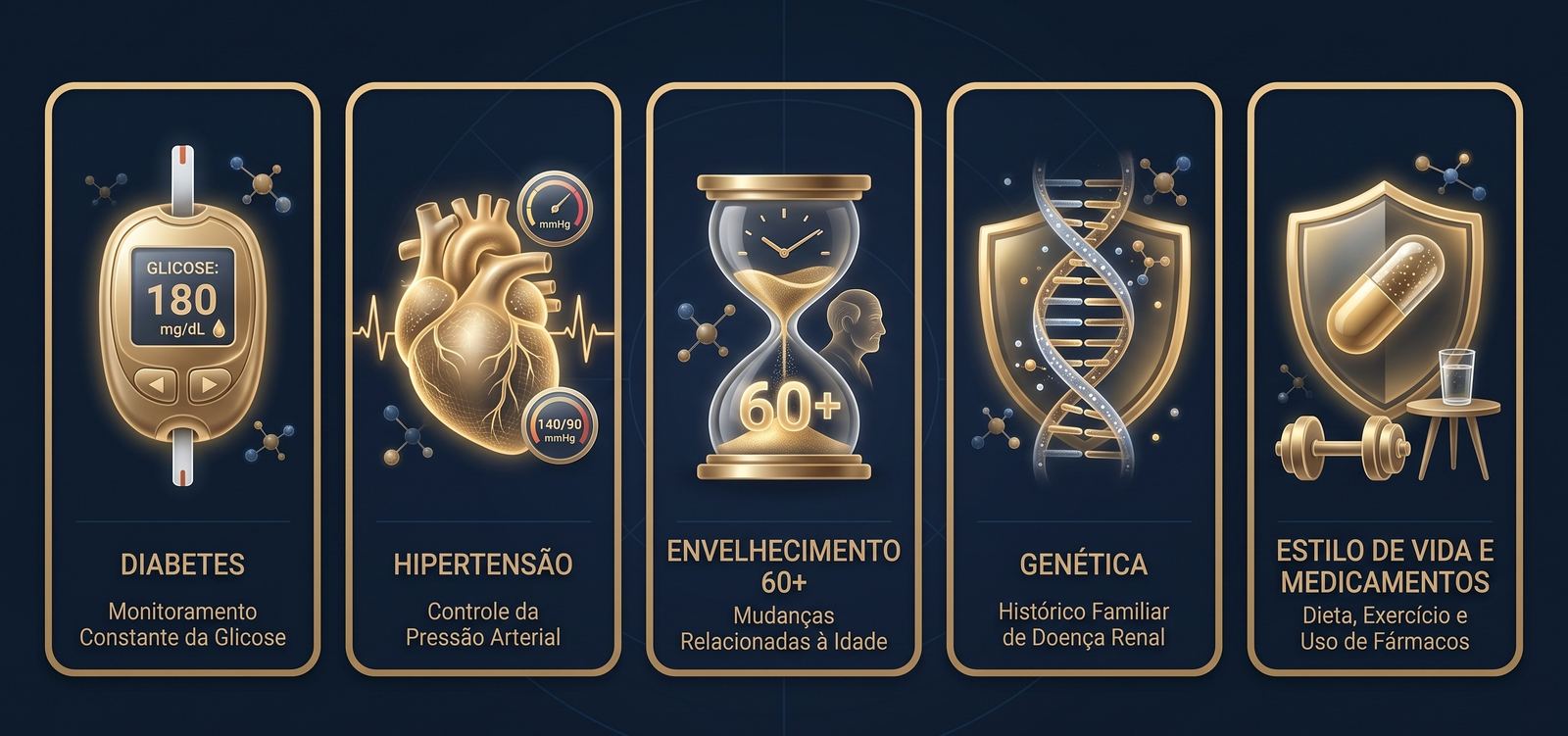 Infográfico dos 5 principais fatores de risco para DRC: Diabetes, Hipertensão, Envelhecimento 60+, Genética e Estilo de Vida/Medicamentos