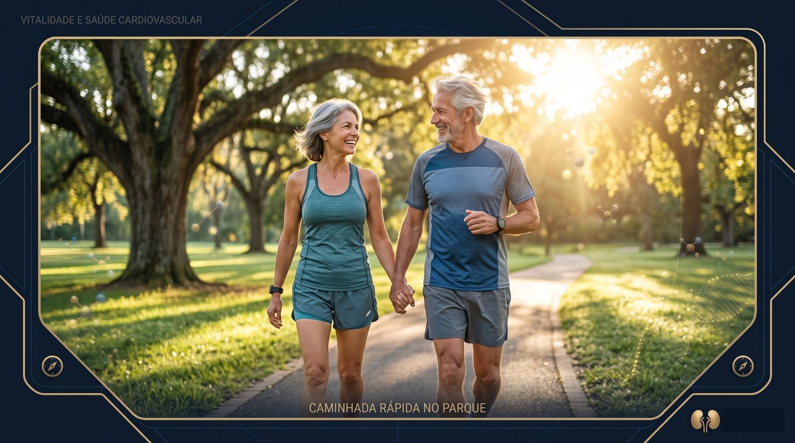 Casal praticando caminhada rápida no parque sob luz do sol - atividade recomendada para saúde cardiovascular e renal