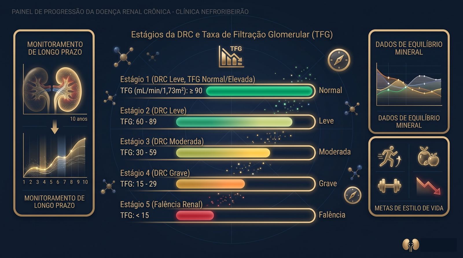 Diagrama dos 5 estágios da Doença Renal Crônica mostrando progressão de função renal de 90% até menos de 15% com cores de verde a vermelho