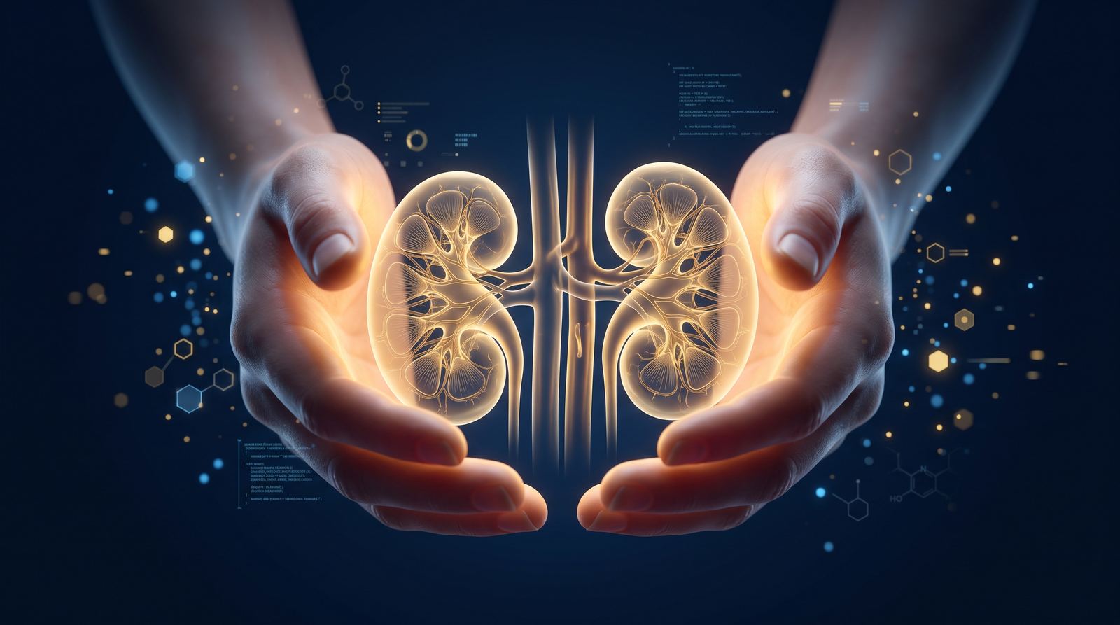 Mãos protegendo rins iluminados em dourado sobre fundo azul navy, representando esperança e cuidado com a saúde renal