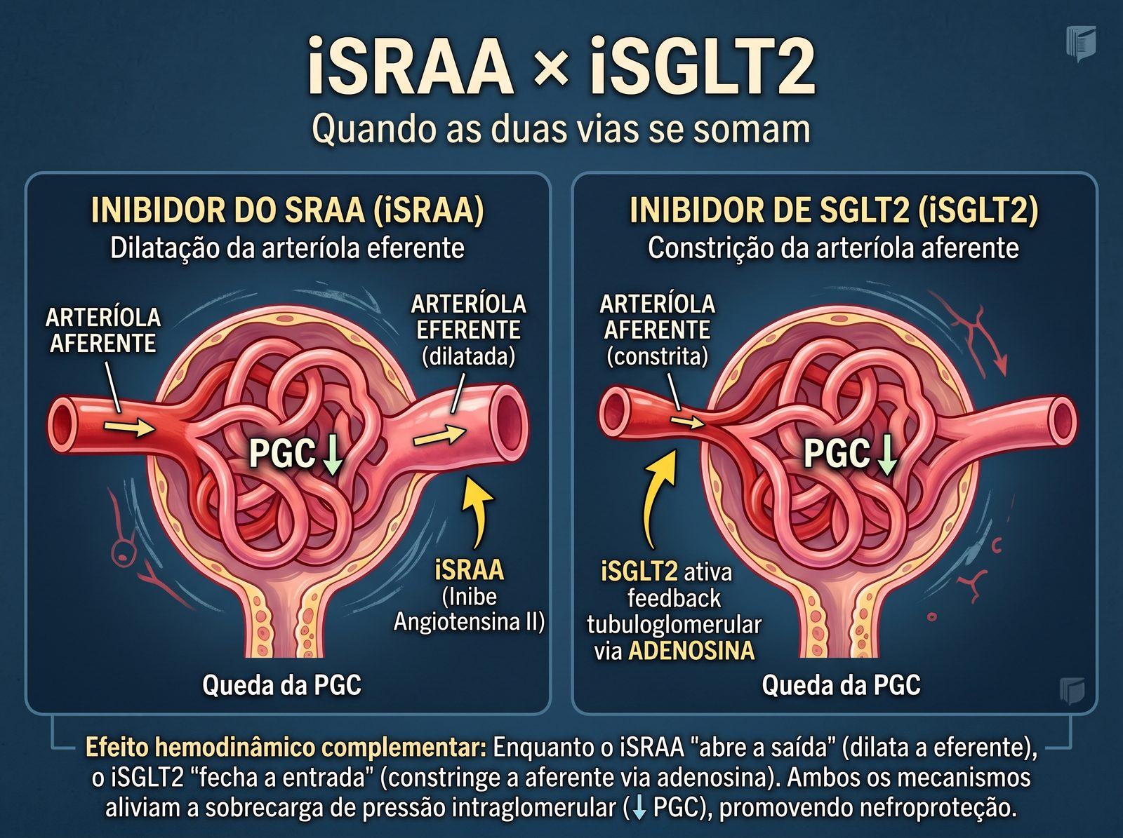 Comparação entre iSRAA, que dilata a arteríola eferente, e iSGLT2, que constringe a aferente via adenosina; ambos reduzem a pressão no capilar glomerular (PGC)