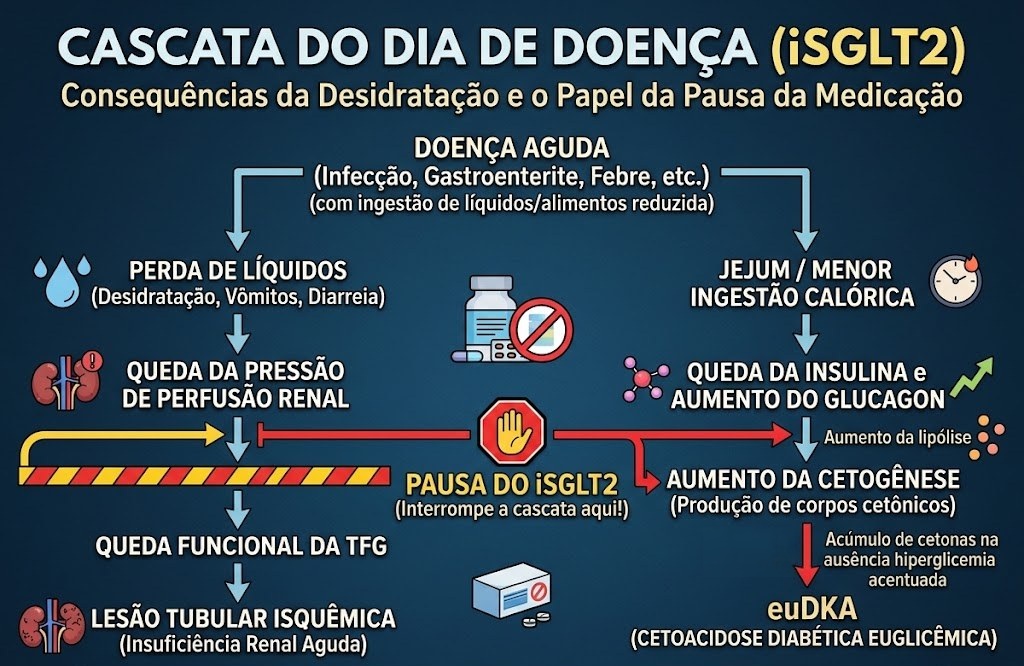 Fluxograma da cascata do dia de doença com iSGLT2: doença aguda, perda de líquidos, queda da perfusão renal e da TFG, jejum, aumento da cetogênese e cetoacidose euglicêmica, com o ponto em que a pausa do iSGLT2 interrompe a cascata