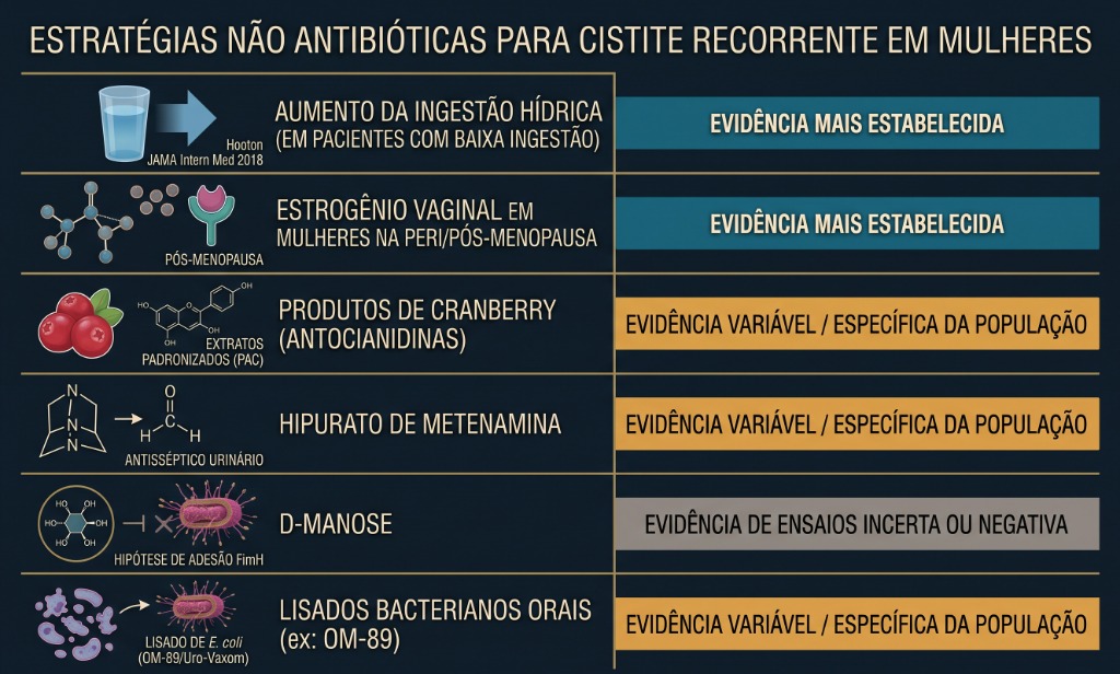 Infográfico comparativo de estratégias não antibióticas para cistite recorrente classificadas por nível de evidência científica